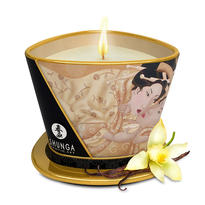 SHUNGA 170ml Vanilla massage candle in a premium gold-trimmed jar featuring warm cream-toned art and a vanilla orchid illustration.