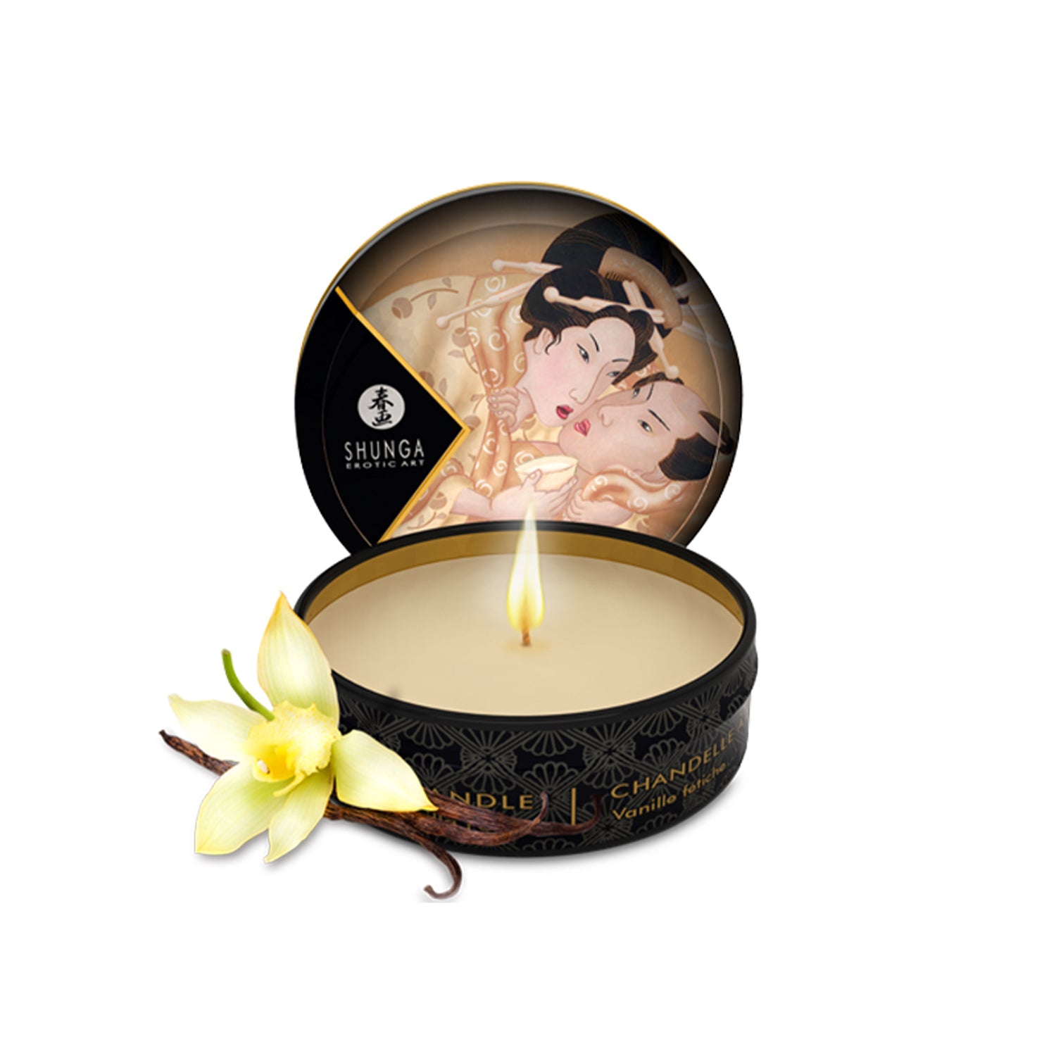SHUNGA 30ml Vanilla massage candle in a compact travel tin with cream-coloured artwork and a fresh vanilla orchid flower with pods.