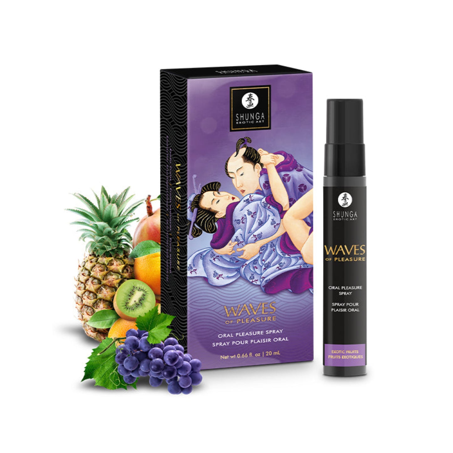 SHUNGA Waves of Pleasure Exotic Fruits Oral Pleasure Spray 20 ml / 0.66 oz bottle and illustrated box featuring traditional Japanese erotic art with pineapple, kiwi, and grapes.