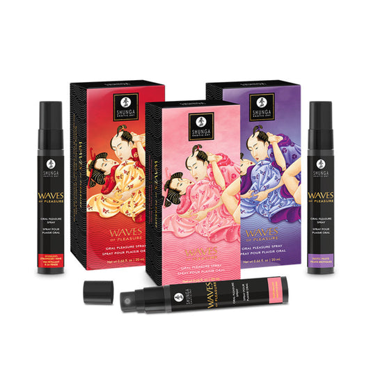 A collection of SHUNGA Waves of Pleasure Oral Pleasure Sprays showing the signature black spray bottles and decorative purple, pink, and red boxes.