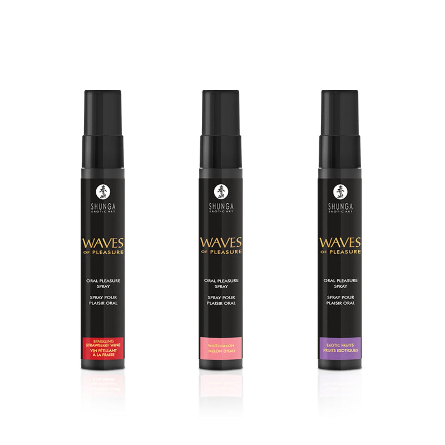 Three bottles of SHUNGA Waves of Pleasure Oral Pleasure Sprays in Sparkling Strawberry Wine, Watermelon, and Exotic Fruits flavours.