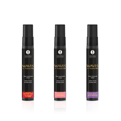 Three bottles of SHUNGA Waves of Pleasure Oral Pleasure Sprays in Sparkling Strawberry Wine, Watermelon, and Exotic Fruits flavours.