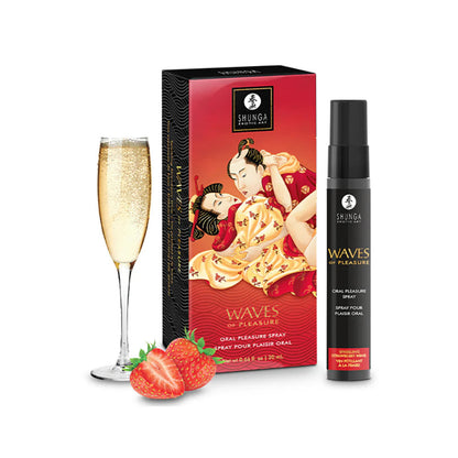SHUNGA Waves of Pleasure Sparkling Strawberry Wine oral spray bottle displayed next to a glass of champagne and fresh strawberries.