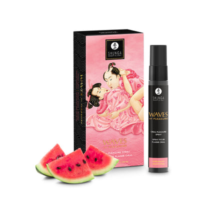 SHUNGA Waves of Pleasure Watermelon oral spray bottle with fresh watermelon slices on a white background.