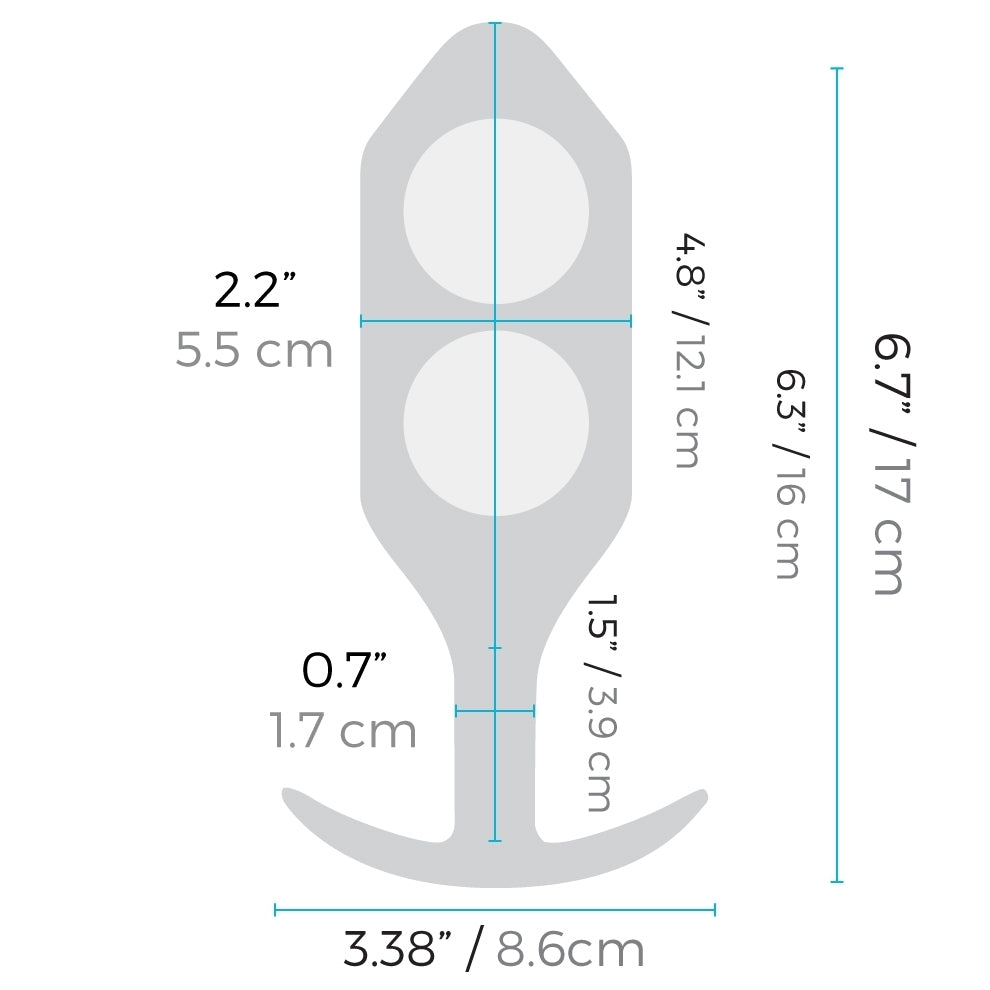 Snug Plug 6 Insertable width: 2.2 inches / 5.5 centimetres; Width of the Plug's neck: 0.7 inches / 1.7 centimetres; Plug's width 3.38 inches / 8.6 centimetres; Plug's neck length: 1.5 inches / 3.9 centimetres; Plug's bulbous area length: 4.8 inches / 12.1 centimetres; Insertable length: 6.3 inches / 16 centimetres; Plug's length: 6.7 inches / 17 centimetres.