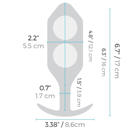 Snug Plug 6 Insertable width: 2.2 inches / 5.5 centimetres; Width of the Plug's neck: 0.7 inches / 1.7 centimetres; Plug's width 3.38 inches / 8.6 centimetres; Plug's neck length: 1.5 inches / 3.9 centimetres; Plug's bulbous area length: 4.8 inches / 12.1 centimetres; Insertable length: 6.3 inches / 16 centimetres; Plug's length: 6.7 inches / 17 centimetres.