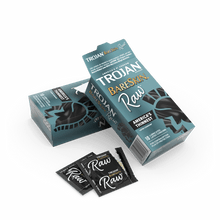 Load image into Gallery viewer, 2 packages of Trojan Bareskin Raw 10 Lubricated Latex Condoms the package on top is open, and beside are two packets on top of each other, and the packet on top is also open.