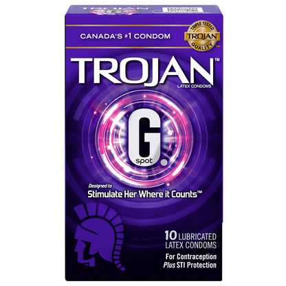 On the front of the package is written Canada's #1 condom, an icon for Triple tested Trojan quality, Trojan (brand name), Latex condoms, G Spot, Designed to Stimulate her where it counts, bottom left trojan logo, and bottom right is written: 10 Lubricated Latex Condoms for Contraception Plus STI Protection.