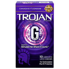 Load image into Gallery viewer, On the front of the package is written Canada&#39;s #1 condom, an icon for Triple tested Trojan quality, Trojan (brand name), Latex condoms, G Spot, Designed to Stimulate her where it counts, bottom left trojan logo, and bottom right is written: 10 Lubricated Latex Condoms for Contraception Plus STI Protection.