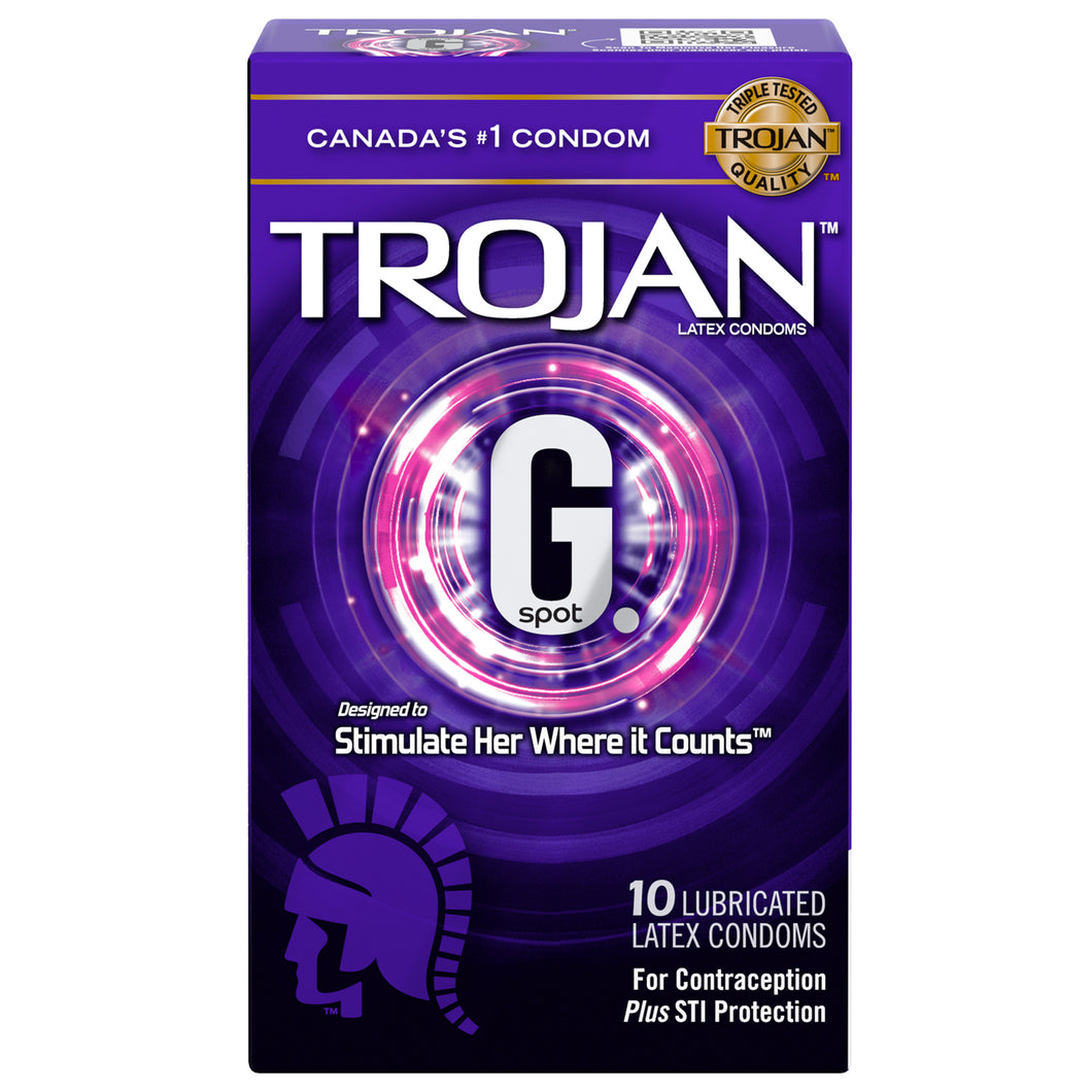 On the front of the package is written Canada's #1 condom, an icon for Triple tested Trojan quality, Trojan (brand name), Latex condoms, G Spot, Designed to Stimulate her where it counts, bottom left trojan logo, and bottom right is written: 10 Lubricated Latex Condoms for Contraception Plus STI Protection.