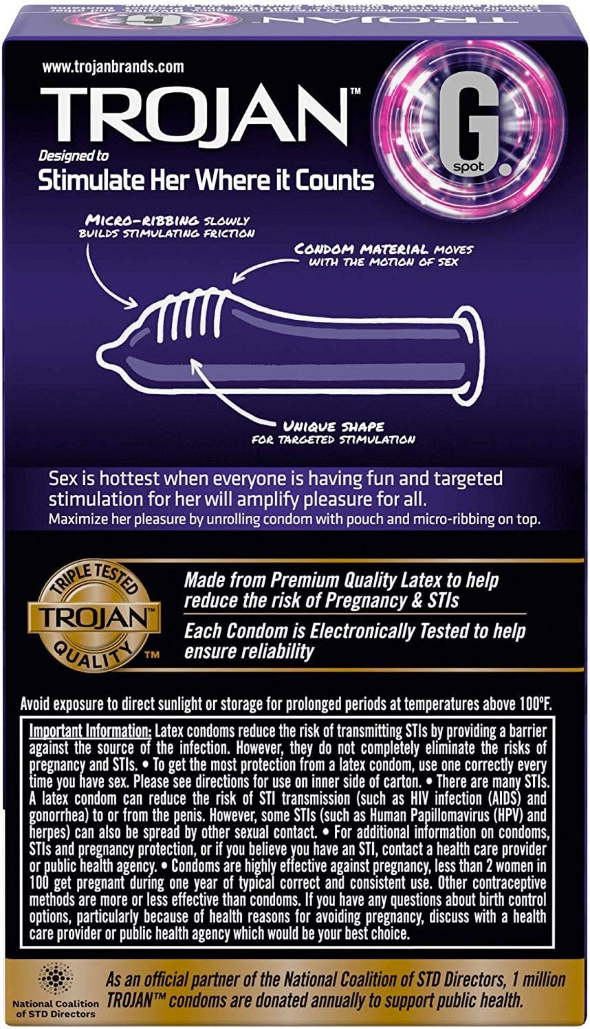 Back of package displayed. www.trojanbrands.com, Trojan G Spot, Designed to Stimulate her where it counts, , an illustrated image of the product, and product features: Micro-Ribbing slowly builds stimulating friction (pointing to the upper tip groove); Condom material moves with the motion of sex (pointing to the upper area of product); Unique shape for targeted stimulation (Pointing to the general tip area of the product), and icon for Triple Tested Trojan quality.