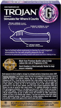 Charger l&#39;image dans la galerie, Back of package displayed. www.trojanbrands.com, Trojan G Spot, Designed to Stimulate her where it counts, , an illustrated image of the product, and product features: Micro-Ribbing slowly builds stimulating friction (pointing to the upper tip groove); Condom material moves with the motion of sex (pointing to the upper area of product); Unique shape for targeted stimulation (Pointing to the general tip area of the product), and icon for Triple Tested Trojan quality.