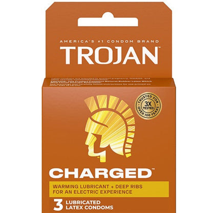 Front view of the brown and gold retail packaging for a 3-pack of Trojan Charged Lubricated Latex Condoms featuring the iconic golden Trojan helmet logo.