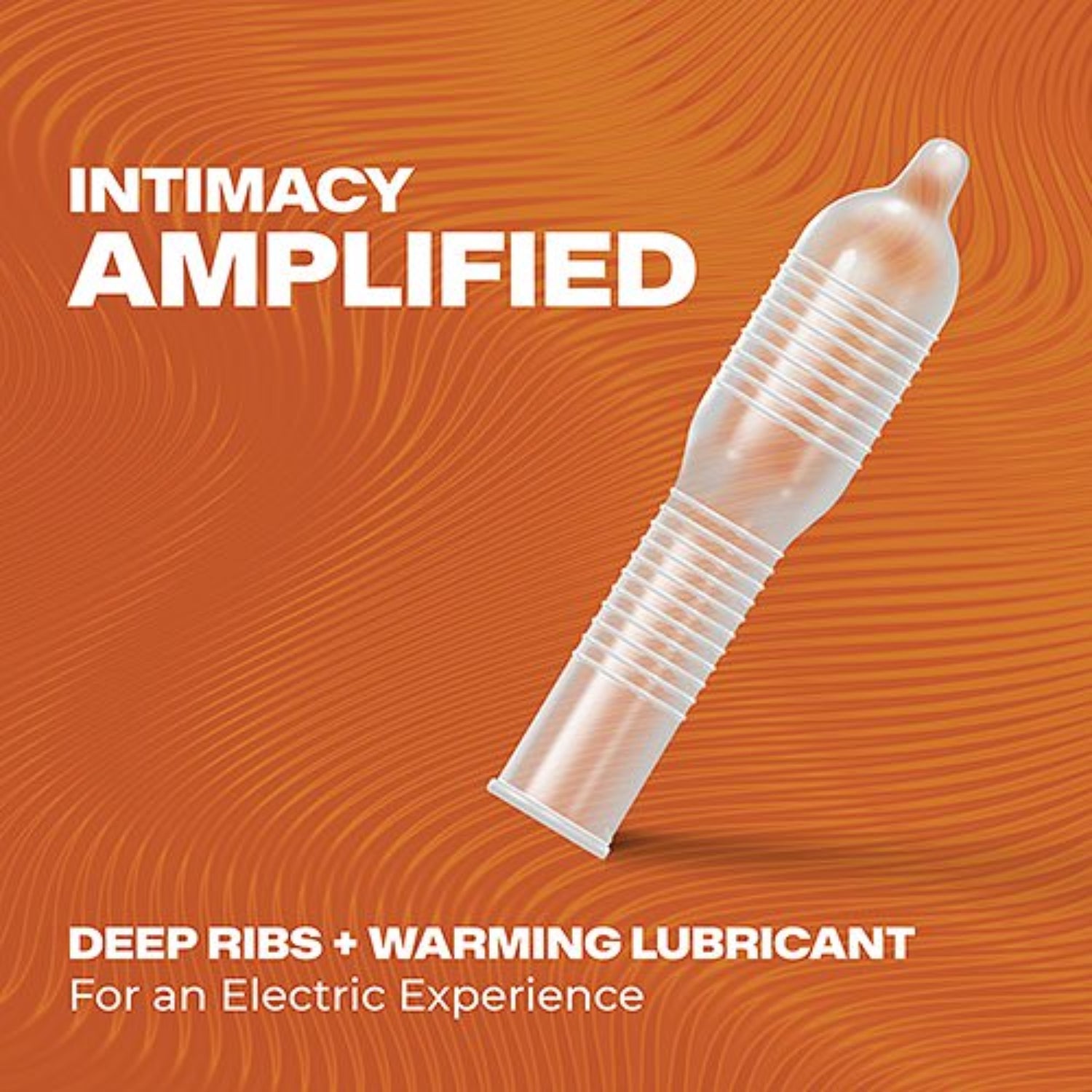 Graphic of a transparent, ribbed, bulbous-shaped condom against a textured orange background with text that reads "Intimacy Amplified: Deep Ribs + Warming Lubricant for an Electric Experience."