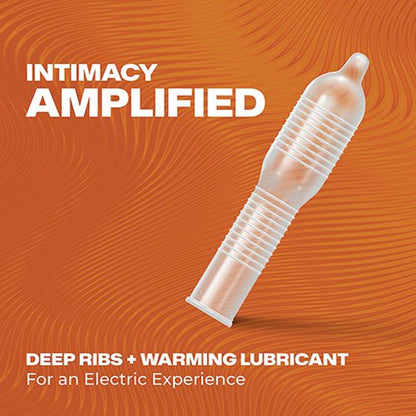 Graphic of a transparent, ribbed, bulbous-shaped condom against a textured orange background with text that reads "Intimacy Amplified: Deep Ribs + Warming Lubricant for an Electric Experience."
