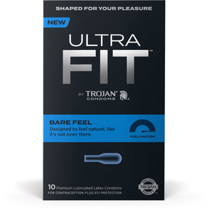 On the front of the package: Shaped for your pleasure, New Ultra Fit by Trojan Condoms Bare feel Designed to feel natural, like it's not even there, feel factor with a gauge pointing to the left, below is an illustrated image of the condom shape, 10 premium lubricated latex condoms for contraception plus STI protection, and in bottom right corner for Triple tested trojan quality.