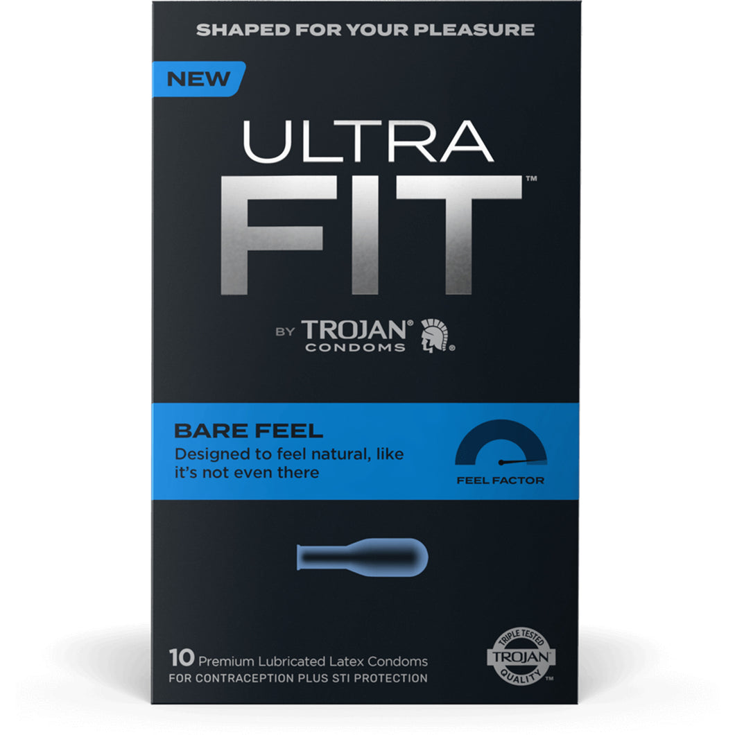 On the front of the package: Shaped for your pleasure, New Ultra Fit by Trojan Condoms Bare feel Designed to feel natural, like it's not even there, feel factor with a gauge pointing to the left, below is an illustrated image of the condom shape, 10 premium lubricated latex condoms for contraception plus STI protection, and in bottom right corner for Triple tested trojan quality.