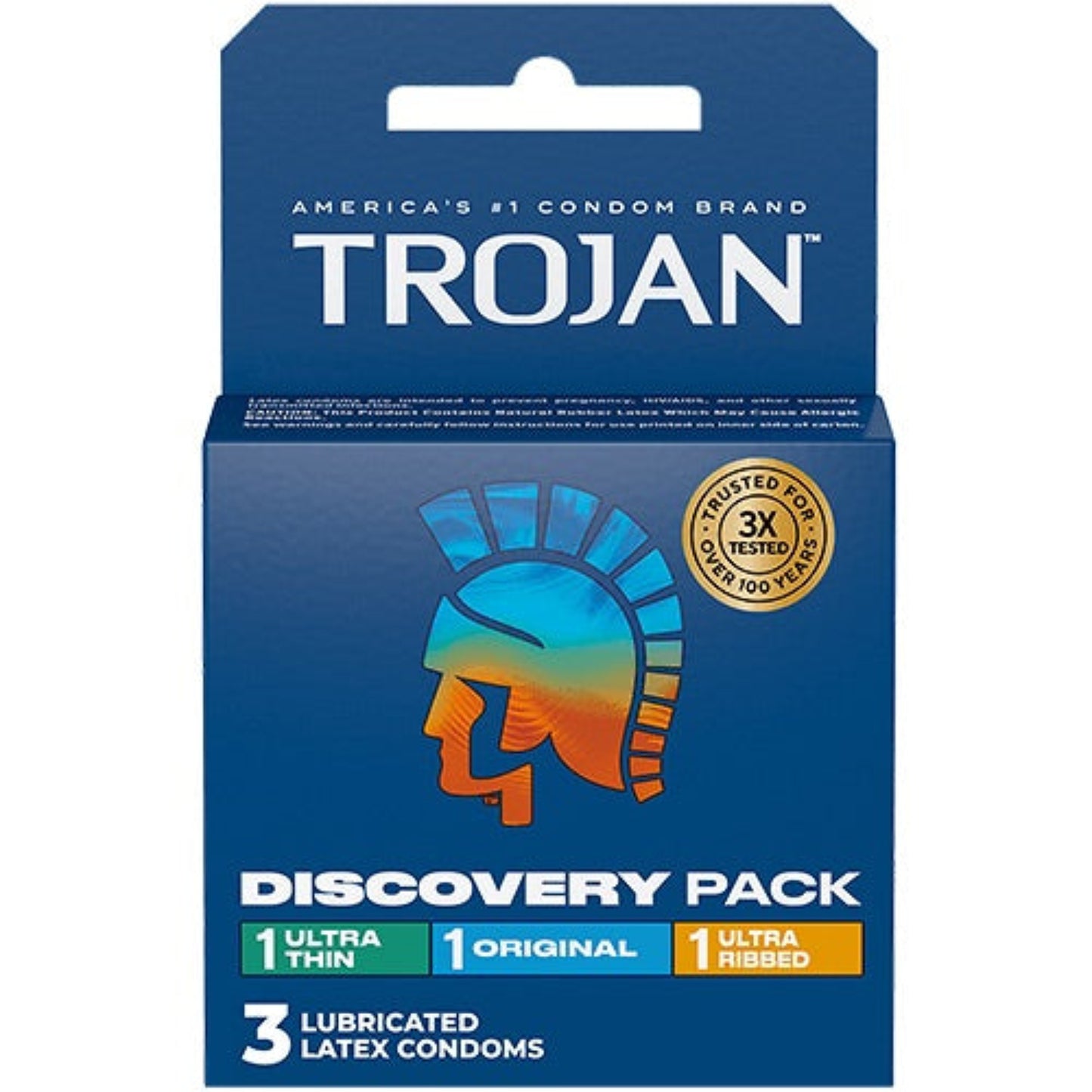 The front retail packaging of a blue Trojan Discovery Pack box featuring a vibrant multi-coloured orange and teal Spartan helmet icon logo, detailing a 3-count pack of lubricated latex condoms containing one Ultra Thin, one Original, and one Ultra Ribbed condom.