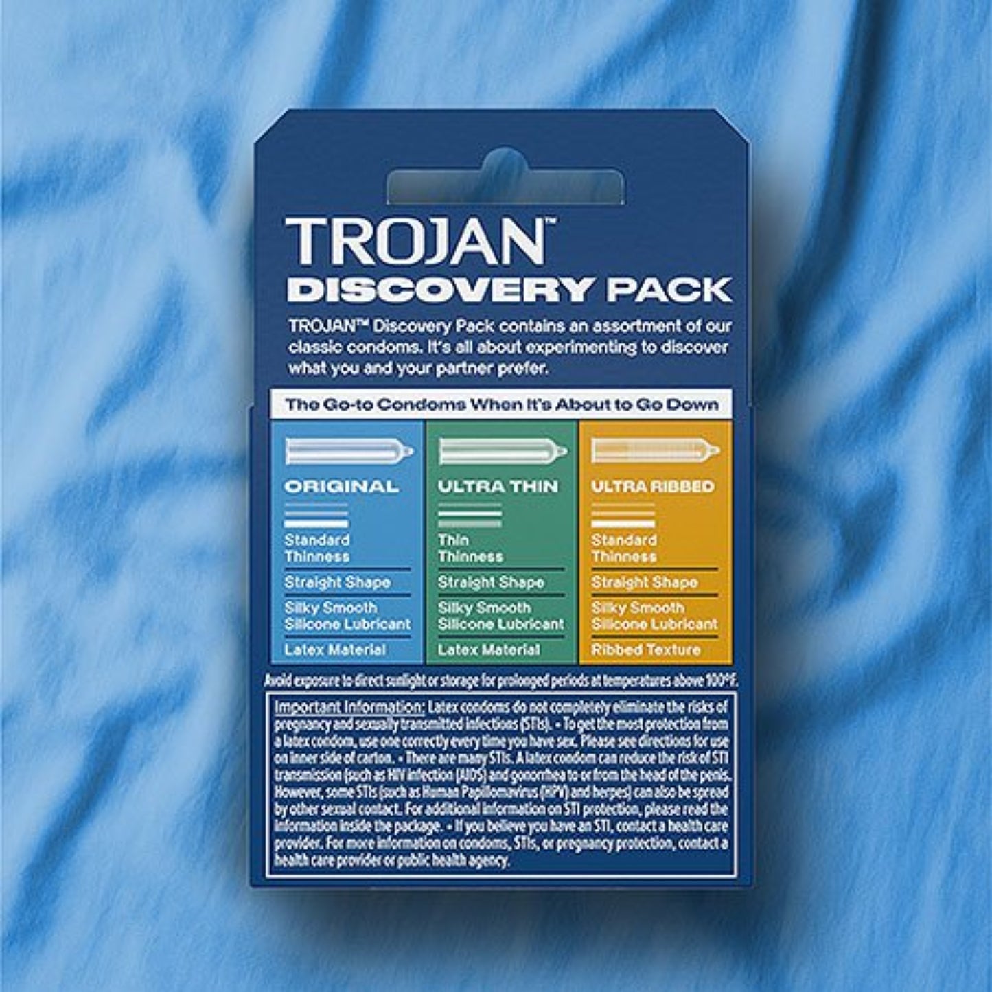 Back of a dark blue Trojan Discovery Pack condom box displaying a comparative text chart detailing Original, Ultra Thin, and Ultra Ribbed condom varieties, outlining their thickness specs, straight shapes, silky smooth silicone lubricant, and latex material properties.