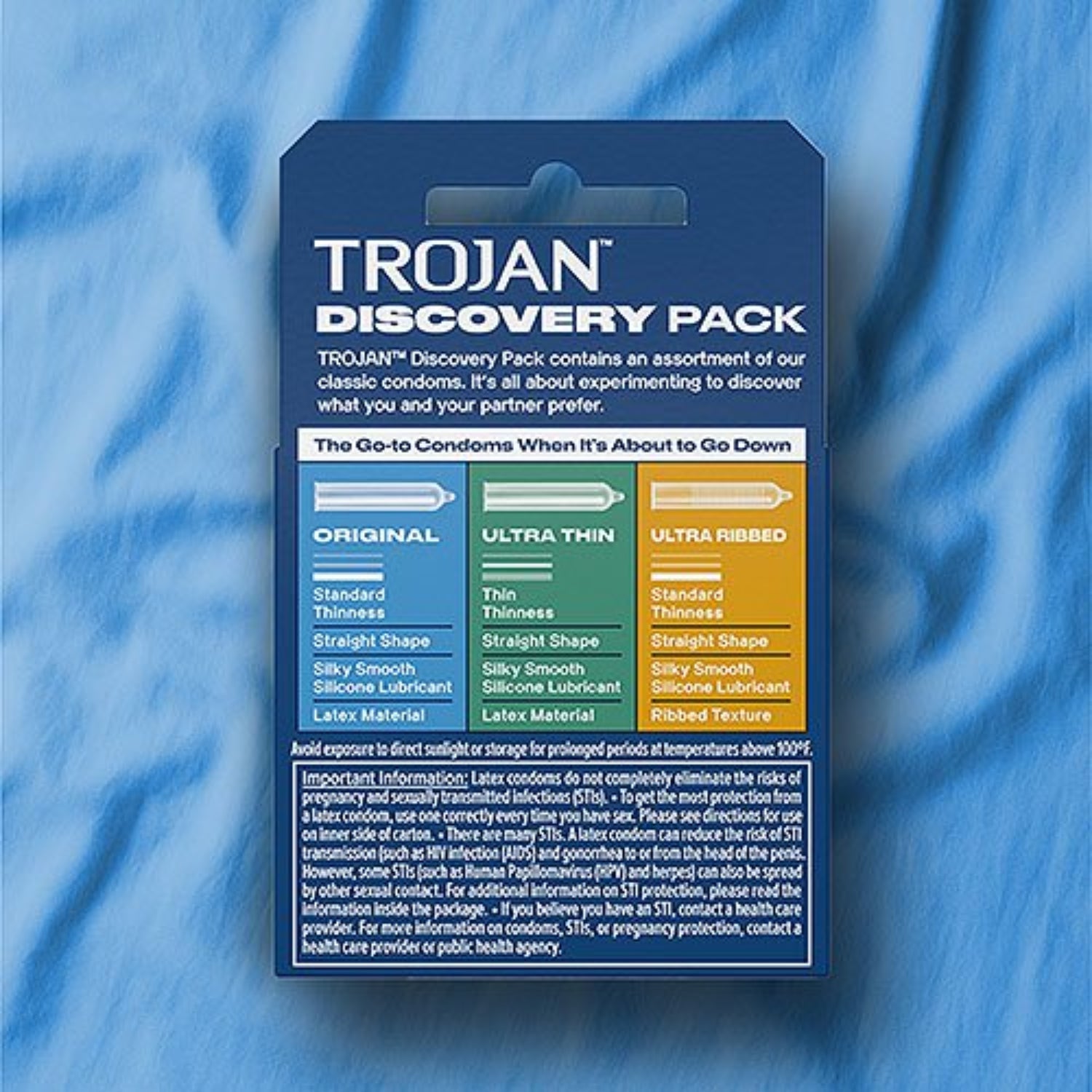 Back of a dark blue Trojan Discovery Pack condom box displaying a comparative text chart detailing Original, Ultra Thin, and Ultra Ribbed condom varieties, outlining their thickness specs, straight shapes, silky smooth silicone lubricant, and latex material properties.