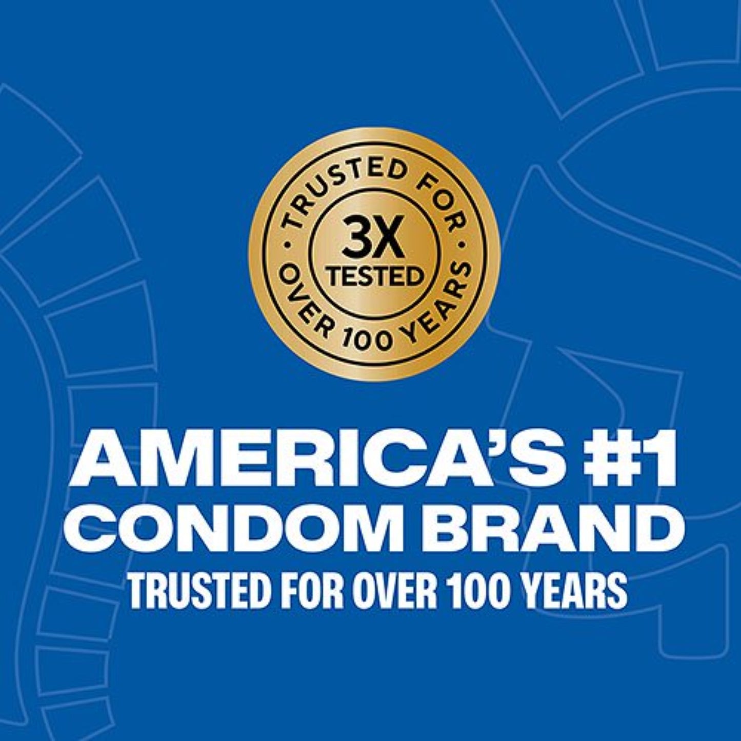 A blue e-commerce promotional banner featuring a shiny gold circular emblem stamped with "3X Tested, Trusted For Over 100 Years" along with bold white text highlighting Trojan as America's #1 Condom Brand.