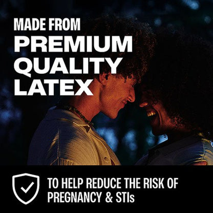A romantic promotional lifestyle image of an intimate couple smiling closely at night, with white overlay text reading "Made from Premium Quality Latex" alongside a safety shield icon indicating pregnancy and STI risk reduction.