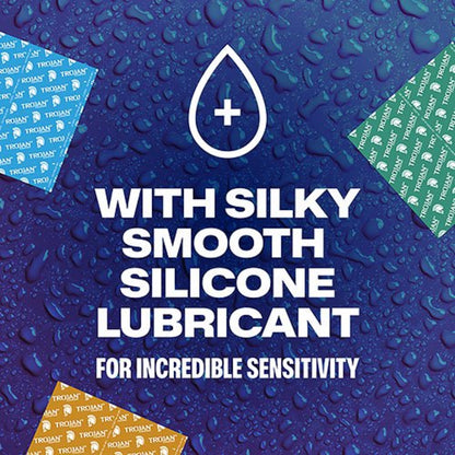 A rich blue background image textured with realistic water droplets, featuring bold text reading "With Silky Smooth Silicone Lubricant For Incredible Sensitivity" accompanied by individual blue, green, and gold Trojan condom foil wrappers in the corners.