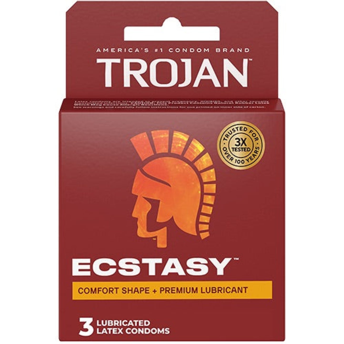 The front view of a deep red Trojan Ecstasy retail box package containing 3 lubricated latex condoms. The package features a large orange and yellow gradient Spartan profile logo, white typography reading "ECSTASY", a yellow banner text saying "COMFORT SHAPE + PREMIUM LUBRICANT", and a gold "3X Tested" security seal.