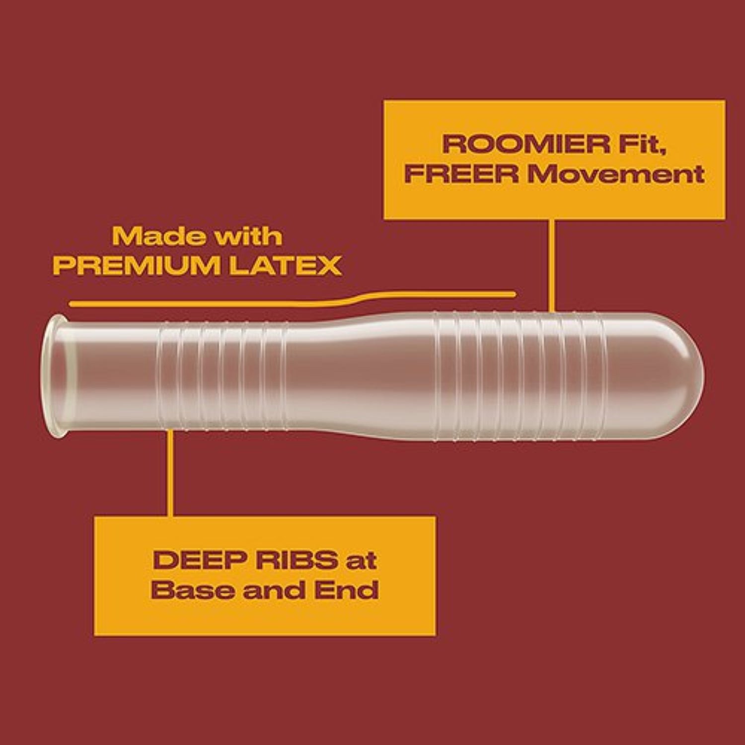 A full horizontal view of a clear, unwrapped Trojan Ecstasy condom against a maroon background. Yellow text callout lines highlight key anatomy: "Made with PREMIUM LATEX", "ROOMIER Fit, FREER Movement" pointing to the wide bulbous shaft, and "DEEP RIBS at Base and End" highlighting the textured ribbed patterns.