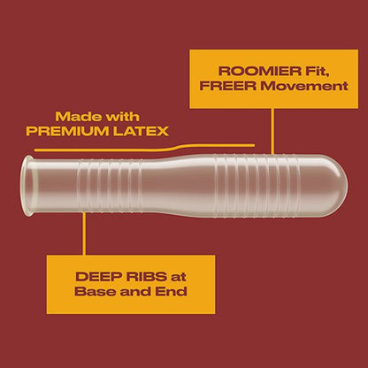 A full horizontal view of a clear, unwrapped Trojan Ecstasy condom against a maroon background. Yellow text callout lines highlight key anatomy: "Made with PREMIUM LATEX", "ROOMIER Fit, FREER Movement" pointing to the wide bulbous shaft, and "DEEP RIBS at Base and End" highlighting the textured ribbed patterns.