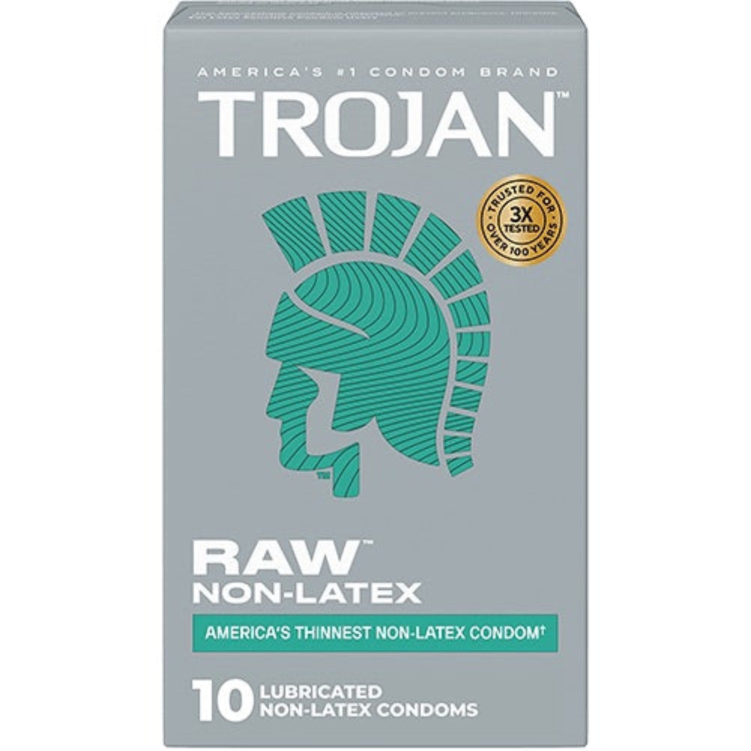 Front view of a grey 10-count box of Trojan Raw Non-Latex Lubricated Condoms featuring the iconic teal Trojan helmet logo.