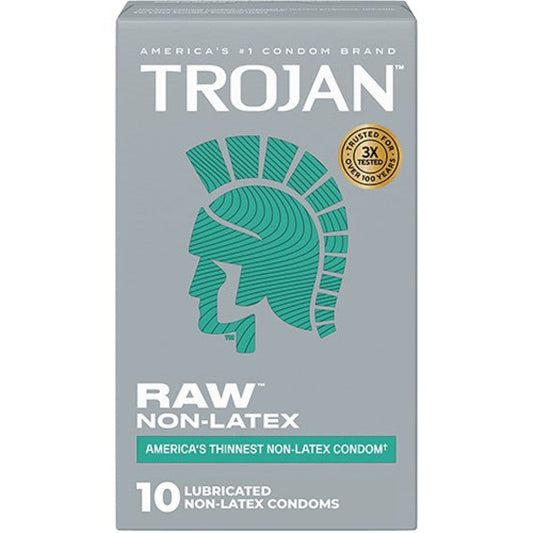 Front view of a grey 10-count box of Trojan Raw Non-Latex Lubricated Condoms featuring the iconic teal Trojan helmet logo.