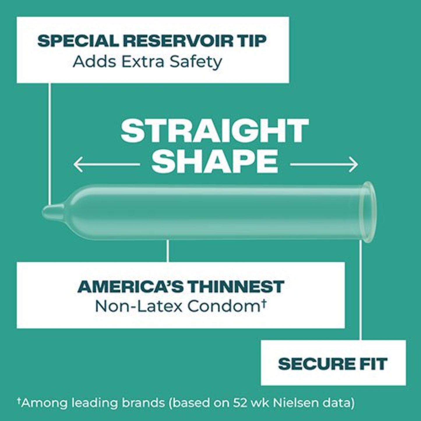 A clear product diagram of a straight-shape Trojan Raw Non-Latex polyurethane condom showcasing the special safety reservoir tip and secure fit base.
