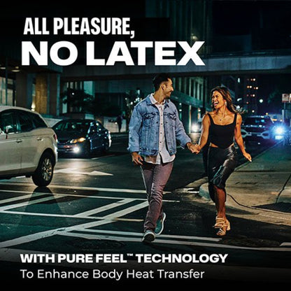 Lifestyle banner of a smiling couple walking holding hands at night with text reading "All Pleasure, No Latex with Pure Feel Technology to Enhance Body Heat Transfer".