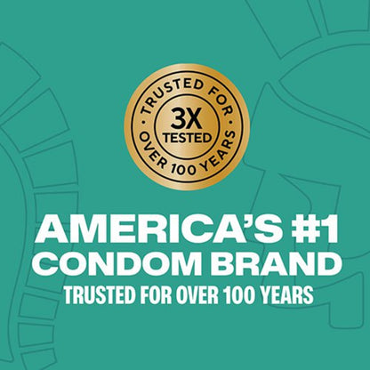 Gold crest emblem on a teal background stating 3X electronically tested and trusted for over 100 years as America's number 1 condom brand.