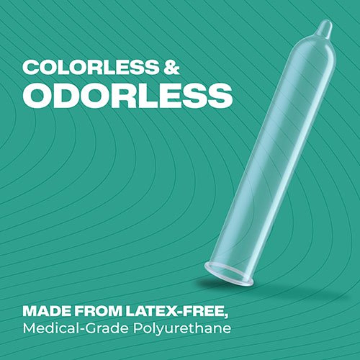 A transparent, ultra-thin polyurethane condom floating over a teal background with text reading "Colorless and Odorless, Made from Latex-Free Medical-Grade Polyurethane".