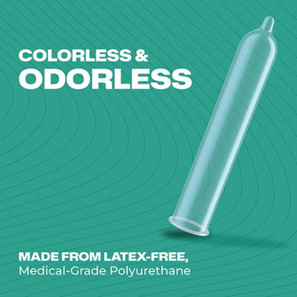 A transparent, ultra-thin polyurethane condom floating over a teal background with text reading "Colorless and Odorless, Made from Latex-Free Medical-Grade Polyurethane".