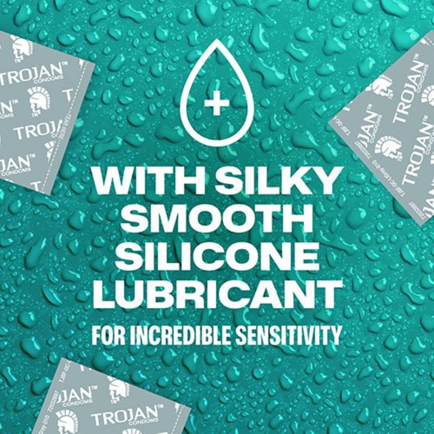 Close-up of water droplets on a teal background behind a water drop icon with text emphasizing silky smooth silicone lubricant for sensitivity.