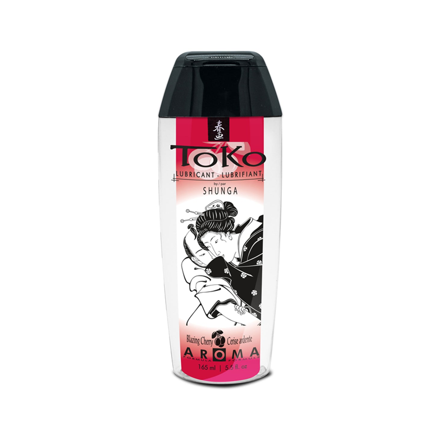 A 165 ml / 5.5 oz bottle of TOKO Aroma Blazing Cherry flavoured lubricant by SHUNGA, featuring a red label with Japanese-inspired art.
