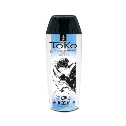 A 165 ml / 5.5 oz bottle of TOKO Aroma Coconut Water flavoured lubricant, highlighting a light blue label and traditional Geisha-style illustration.