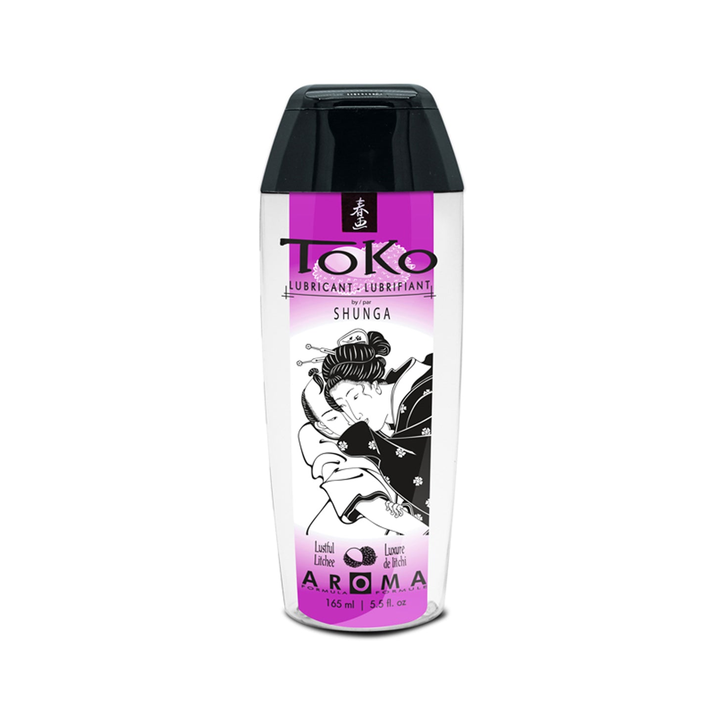 A 165 ml / 5.5 oz bottle of TOKO Aroma Lustful Litchi flavoured lubricant featuring a vibrant purple label.