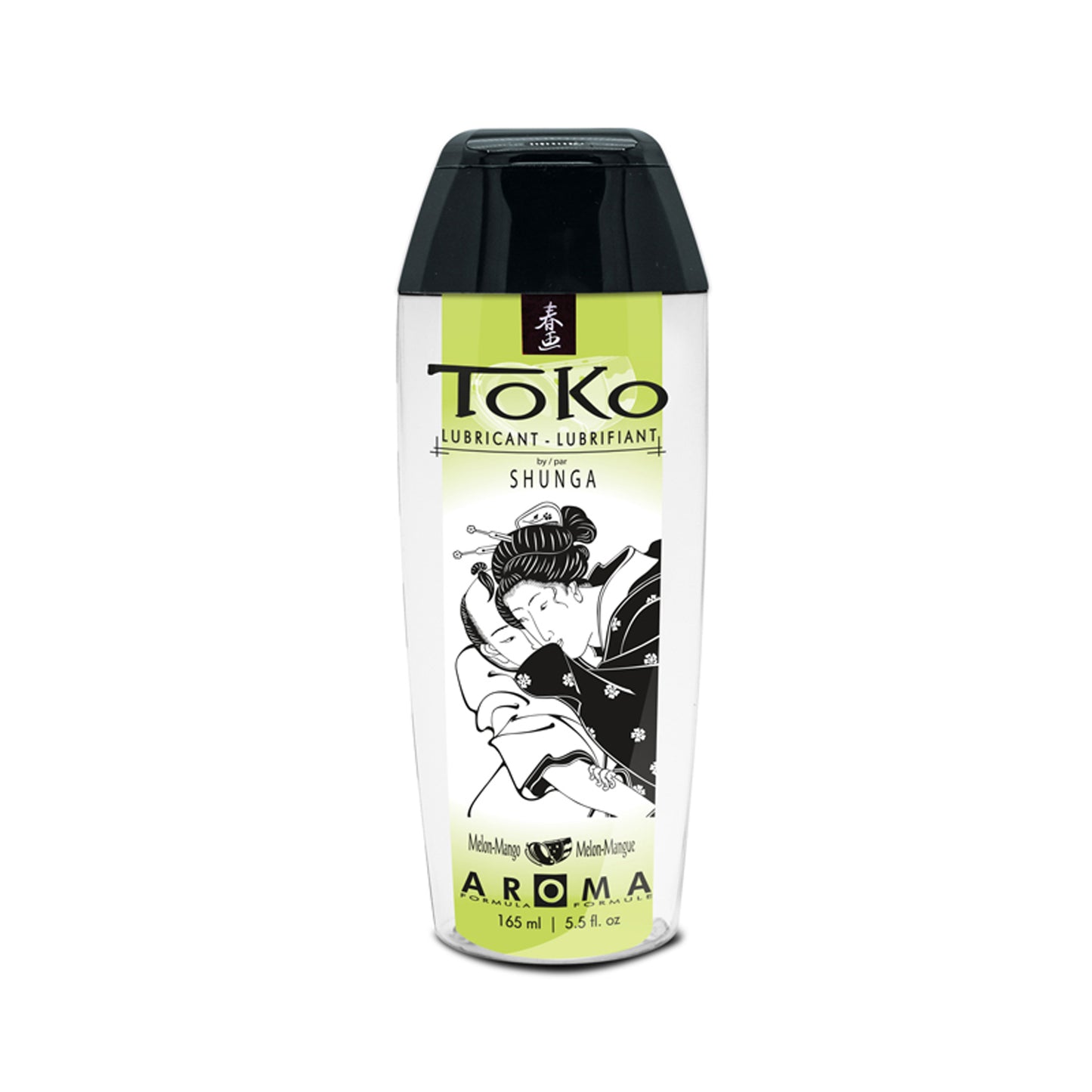 A 165 ml / 5.5 oz bottle of TOKO Aroma Melon Mango flavoured lubricant with a light green label.