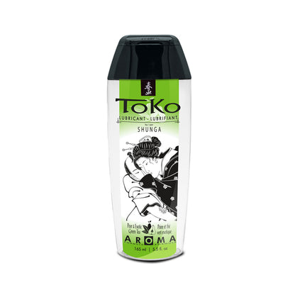 A 165 ml / 5.5 oz bottle of TOKO Aroma Pear & Exotic Green Tea flavoured lubricant with a forest green label.