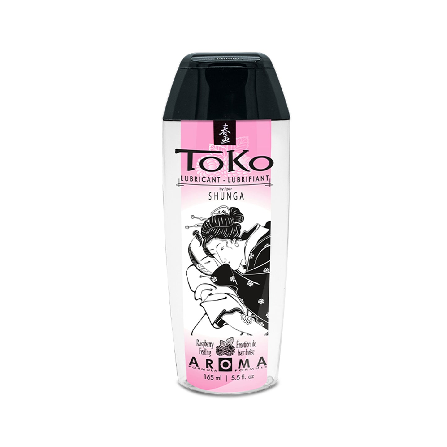 A 165 ml / 5,5 oz bottle of TOKO Aroma Raspberry Feeling flavoured lubricant featuring a soft pink label.