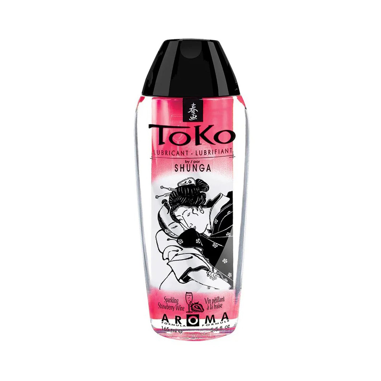 A 165 ml / 5.5 oz bottle of TOKO Aroma Sparkling Strawberry Wine flavoured lubricant with a deep rose-coloured label.