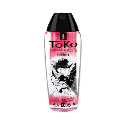 A 165 ml / 5.5 oz bottle of TOKO Aroma Sparkling Strawberry Wine flavoured lubricant with a deep rose-coloured label.