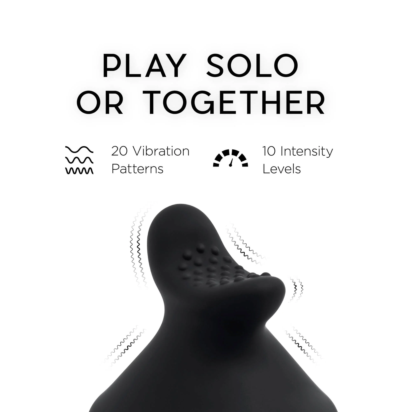 Header text "Play Solo Or Together", below are feature icons for: 20 vibration patterns; 10 Intensity Levels. Below is an image of The Saddle silicone attachments with illustrated vibration waves around the product, showing the vibrating capabilities.