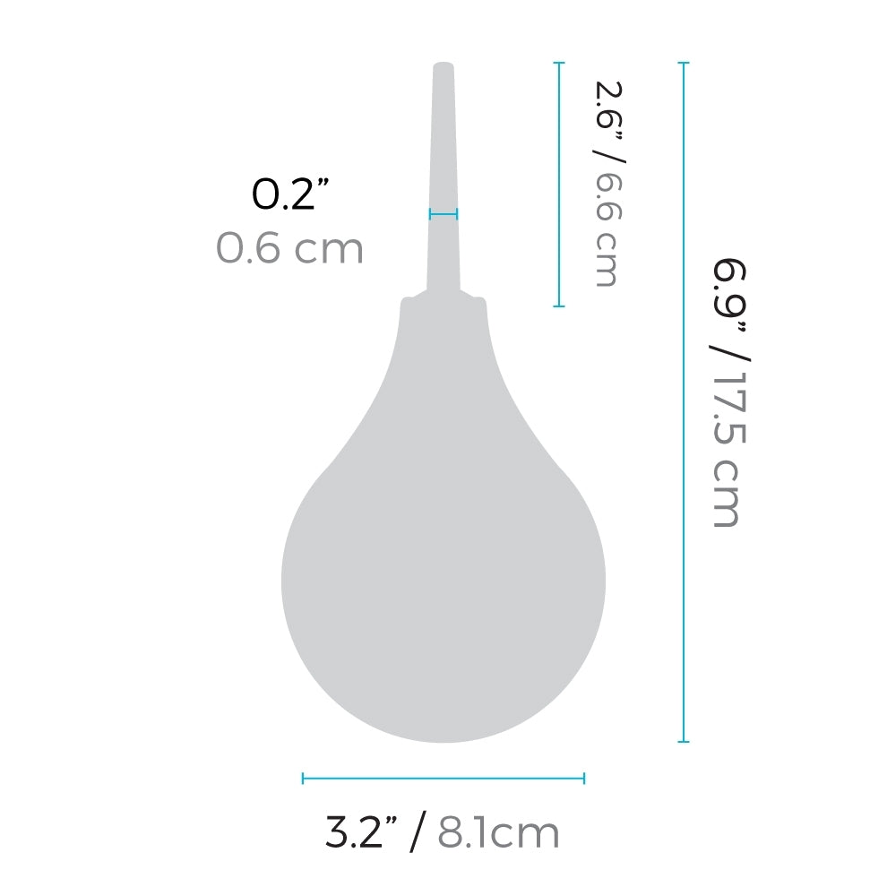 Anal Enema insertable width: 0.2 inches / 0.6 centimetres; Insertable length: 2.6 inches / 6.6 centimetres; Total length: 6.9 inches / 17.5 centimetres; Total width: 3.2 inches / 8.1 centimetres.