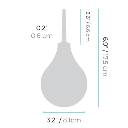 Anal Enema insertable width: 0.2 inches / 0.6 centimetres; Insertable length: 2.6 inches / 6.6 centimetres; Total length: 6.9 inches / 17.5 centimetres; Total width: 3.2 inches / 8.1 centimetres.