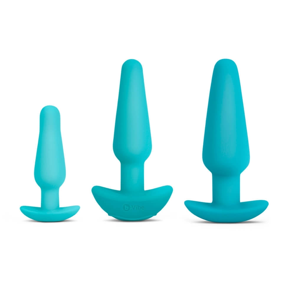 Small Silicone Butt Plug, Medium Rechargeable Vibrating Butt Plug, Large Weighted Butt Plug from the b-Vibe Anal Training & Education Set.